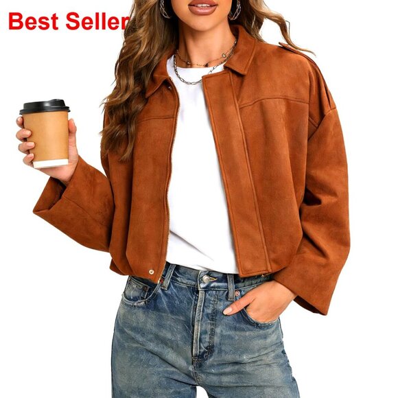 Jackets & Blazers - Oversized Faux Suede Bomber Jacket Batwing Sleeves Streetwear Pilot Coat